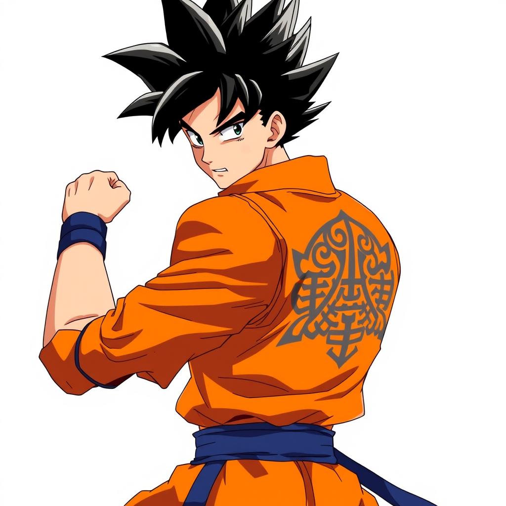 An anime warrior with spiky, voluminous black hair, striking a confident and energetic pose