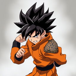 An anime warrior with spiky, voluminous black hair, striking a confident and energetic pose