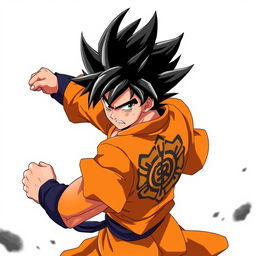 An anime warrior with spiky, voluminous black hair, striking a confident and energetic pose