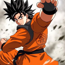 An anime warrior with spiky, voluminous black hair, striking a confident and energetic pose