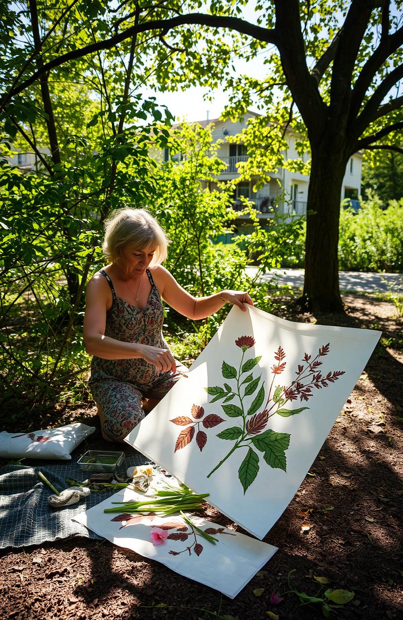 A human artist creating an ecoprint artwork in a serene outdoor setting, surrounded by vibrant nature