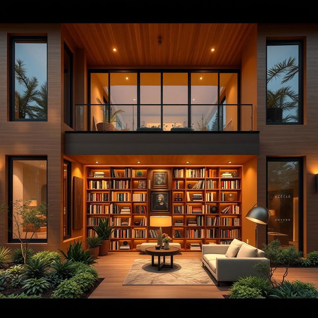 A modern and beautifully designed house featuring a warm brown color theme, showcasing elegant architecture with large windows and a spacious, inviting entrance