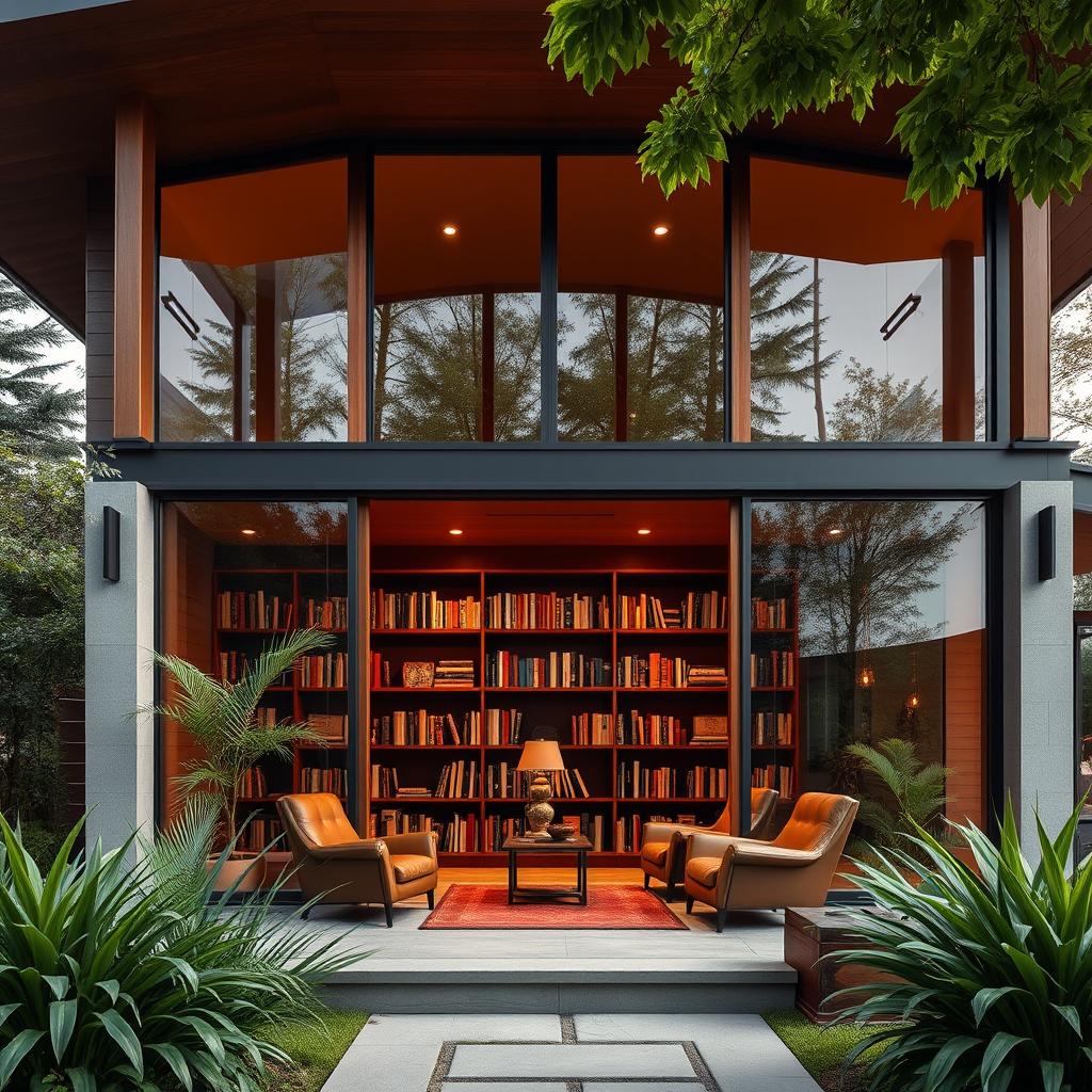 A stunning modern house featuring a beautiful brown theme, with warm wooden accents and large glass windows