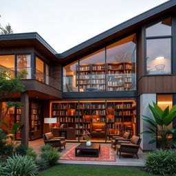 A stunning modern house featuring a beautiful brown theme, with warm wooden accents and large glass windows