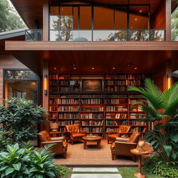 A stunning modern house featuring a beautiful brown theme, with warm wooden accents and large glass windows