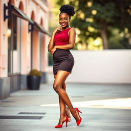 A fashionable and confident young black woman standing gracefully, wearing a stylish mini skirt and vibrant red high heels