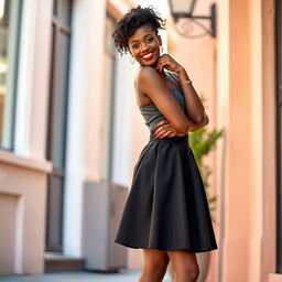 A fashionable and confident young black woman standing gracefully, wearing a stylish mini skirt and vibrant red high heels