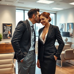 An elegant office scene with a confident businessman leaning in to kiss a woman's décolletage, highlighting her professional attire which is stylish yet modest