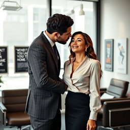 An elegant office scene with a confident businessman leaning in to kiss a woman's décolletage, highlighting her professional attire which is stylish yet modest