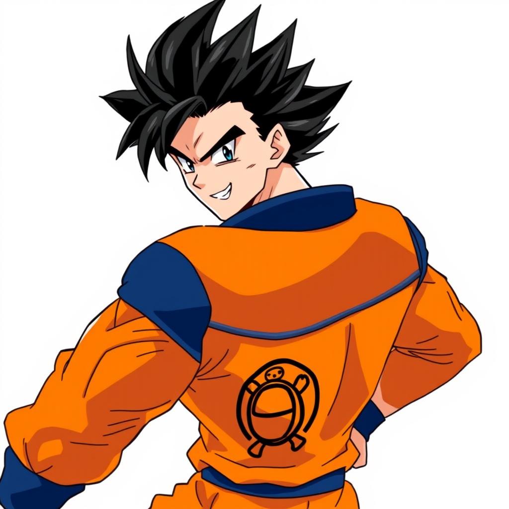 An anime man with jet black, spiky hair tousled in a wild style