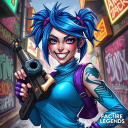 A detailed character portrait of Jinx from League of Legends, showcasing her wild blue hair styled in pigtails, bright blue and purple punk attire, and her signature chaotic grin