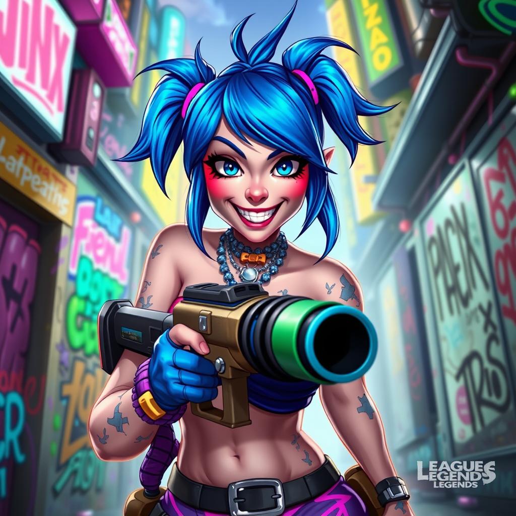 A detailed character portrait of Jinx from League of Legends, showcasing her wild blue hair styled in pigtails, bright blue and purple punk attire, and her signature chaotic grin