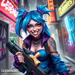 A detailed character portrait of Jinx from League of Legends, showcasing her wild blue hair styled in pigtails, bright blue and purple punk attire, and her signature chaotic grin