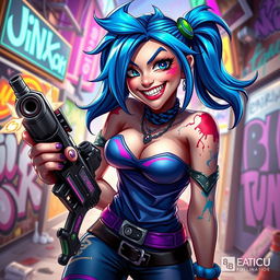 A detailed character portrait of Jinx from League of Legends, showcasing her wild blue hair styled in pigtails, bright blue and purple punk attire, and her signature chaotic grin