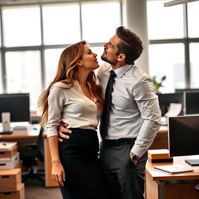 A passionate scene in a modern office setting, featuring a confident boss leaning in to kiss the neck of an attractive office girl