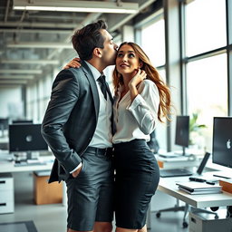 A passionate scene in a modern office setting, featuring a confident boss leaning in to kiss the neck of an attractive office girl