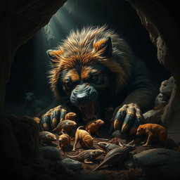 A dramatic scene depicting a large, fierce dog with thick fur, intensely focused on eating a variety of small animals, all nestled within a dark, rocky cave
