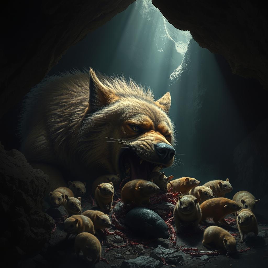 A dramatic scene depicting a large, fierce dog with thick fur, intensely focused on eating a variety of small animals, all nestled within a dark, rocky cave