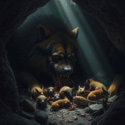 A dramatic scene depicting a large, fierce dog with thick fur, intensely focused on eating a variety of small animals, all nestled within a dark, rocky cave