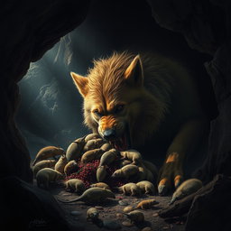 A dramatic scene depicting a large, fierce dog with thick fur, intensely focused on eating a variety of small animals, all nestled within a dark, rocky cave