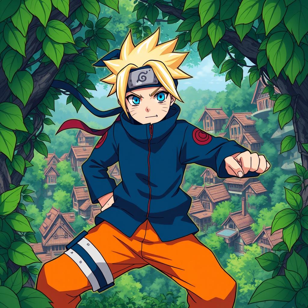 An illustration of a ninja character inspired by the series Naruto, featuring bright orange pants and a blue jacket with a headband