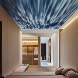 Create a large room with a ceiling mimicking a cloudy sky. The centerpiece is a bed hung in the middle of one wall, flanked by a grand mirror. Beside the mirror is a sizable wardrobe with numerous compartments. The floor has a plush mat and opposite to the bed, a wall showcases a waterfall. One wall painted in light-dark hues remains unadorned. A capacious study table and wall shelves demand attention.