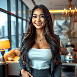 A gorgeous Indonesian woman with an alluring figure, prominently featuring her large bust