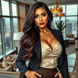 A stunningly beautiful woman of Indonesian-European descent, proudly displaying her striking features and voluptuous figure, prominently featuring her large bust