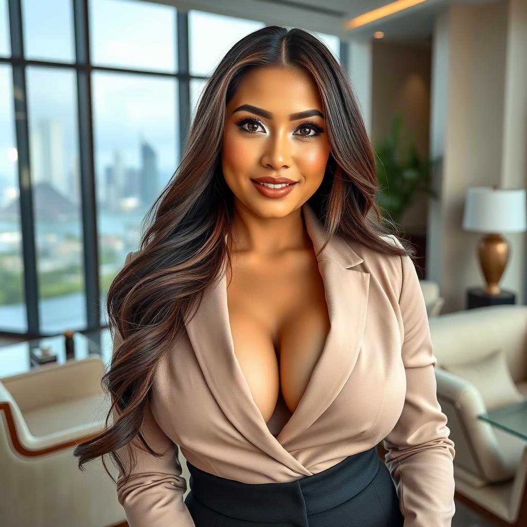 A stunningly beautiful woman of Indonesian-European descent, proudly displaying her striking features and voluptuous figure, prominently featuring her large bust