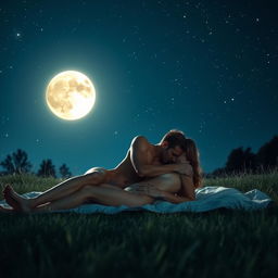 A romantic scene of a couple lying naked together on a soft blanket under a starry night sky, illuminated by a glowing full moon