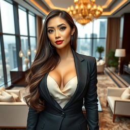 A breathtakingly beautiful woman of Indonesian-European descent, showcasing her striking features and curvy figure with an emphasis on her large bust