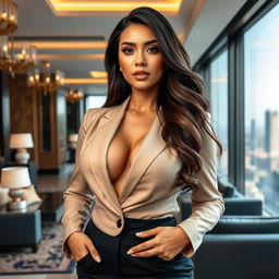 A breathtakingly beautiful woman of Indonesian-European descent, showcasing her striking features and curvy figure with an emphasis on her large bust