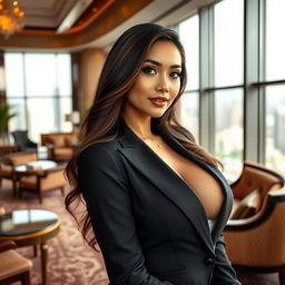 A breathtakingly beautiful woman of Indonesian-European descent, showcasing her striking features and curvy figure with an emphasis on her large bust