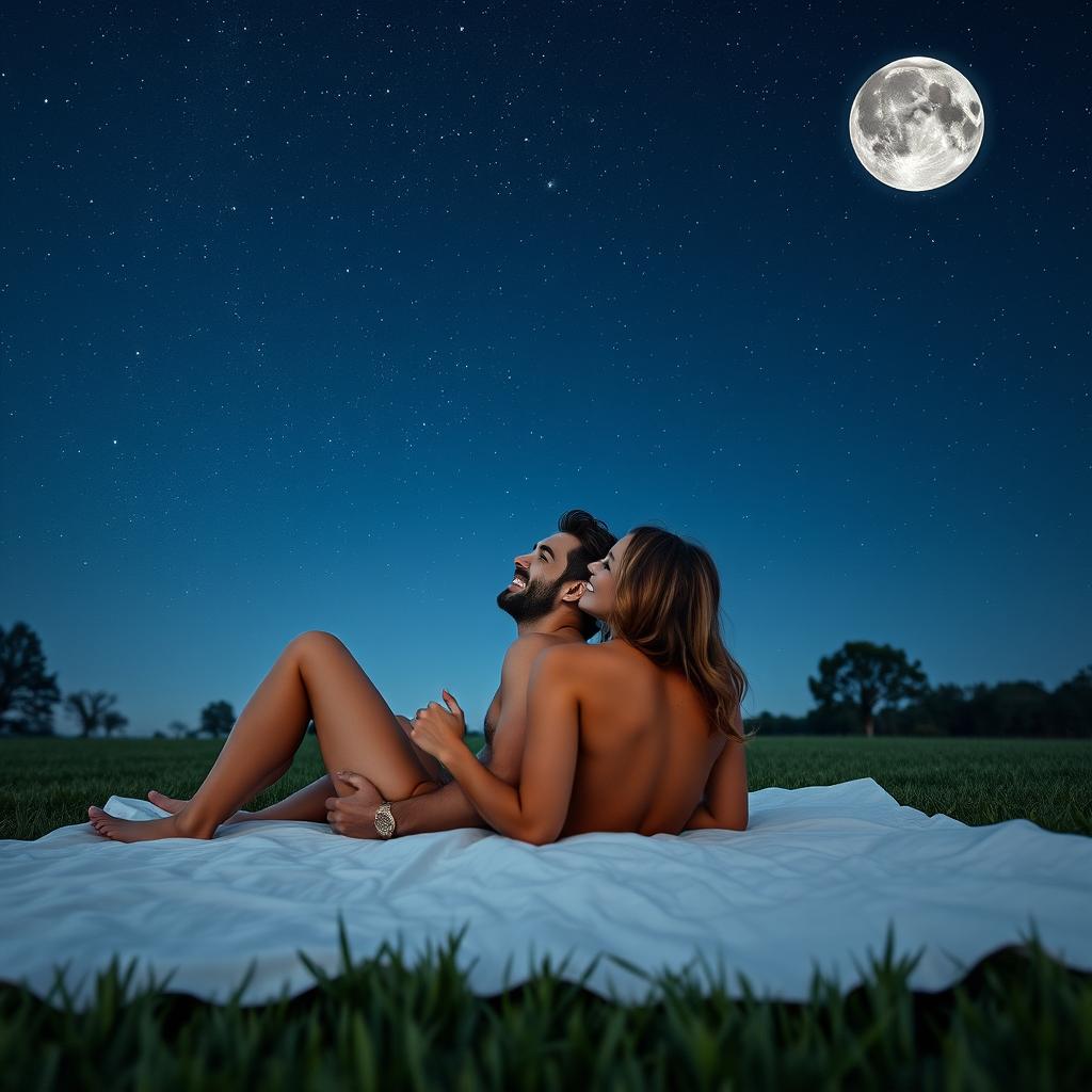 A romantic scene of a couple laying on a soft blanket, scantily clothed, gazing up at a starry night sky with a bright full moon