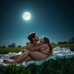 A romantic scene of a couple laying on a soft blanket, scantily clothed, gazing up at a starry night sky with a bright full moon