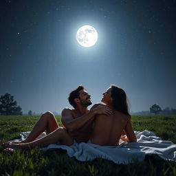 A romantic scene of a couple laying on a soft blanket, scantily clothed, gazing up at a starry night sky with a bright full moon