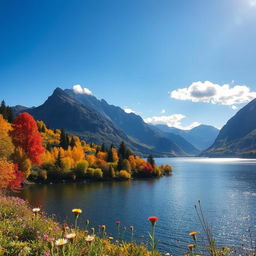 A stunning landscape featuring a serene lake surrounded by majestic mountains under a clear blue sky