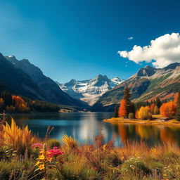 A stunning landscape featuring a serene lake surrounded by majestic mountains under a clear blue sky