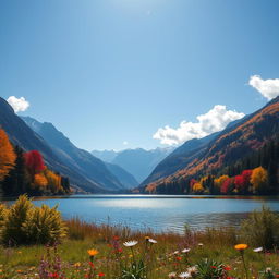 A stunning landscape featuring a serene lake surrounded by majestic mountains under a clear blue sky