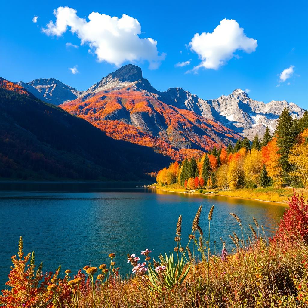 A stunning landscape featuring a serene lake surrounded by majestic mountains under a clear blue sky