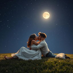 A romantic scene featuring a couple laying on a grassy field, deeply kissing under a night sky filled with a multitude of sparkling stars and a glowing full moon casting a gentle light over them