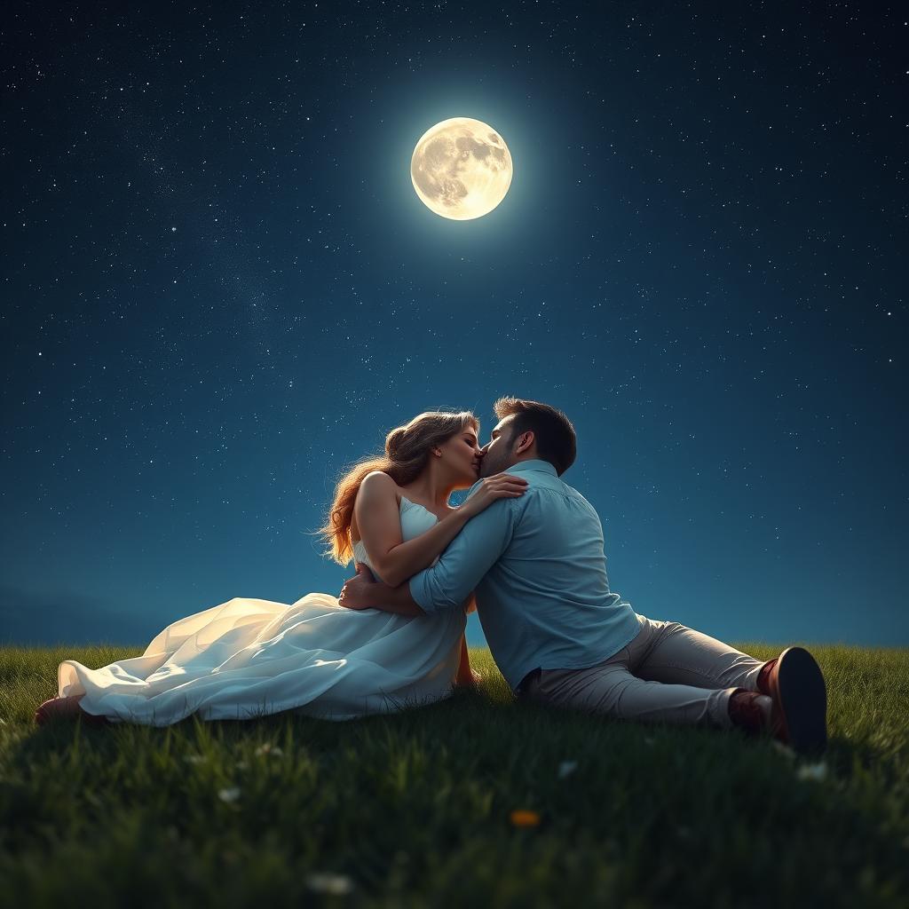 A romantic scene featuring a couple laying on a grassy field, deeply kissing under a night sky filled with a multitude of sparkling stars and a glowing full moon casting a gentle light over them