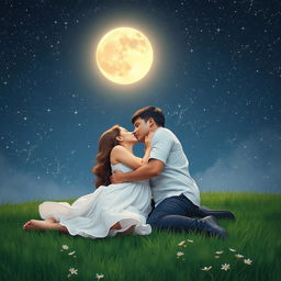 A romantic scene featuring a couple laying on a grassy field, deeply kissing under a night sky filled with a multitude of sparkling stars and a glowing full moon casting a gentle light over them