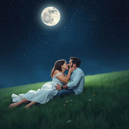 A romantic scene featuring a couple laying on a grassy field, deeply kissing under a night sky filled with a multitude of sparkling stars and a glowing full moon casting a gentle light over them