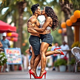 A beautiful black girl in a stylish mini skirt and striking red high heels, with muscular legs, sharing a romantic kiss with a fit white man
