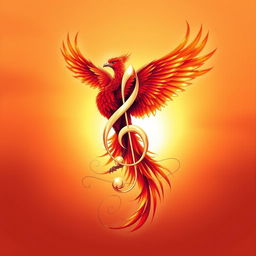 An elegant musical symbol entwined with a majestic phoenix