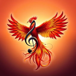 An elegant musical symbol entwined with a majestic phoenix