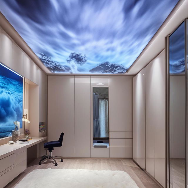 Create a large room with a ceiling mimicking a cloudy sky. The centerpiece is a bed hung in the middle of one wall, flanked by a grand mirror. Beside the mirror is a sizable wardrobe with numerous compartments. The floor has a plush mat and opposite to the bed, a wall showcases a waterfall. One wall painted in light-dark hues remains unadorned. A capacious study table and wall shelves demand attention.