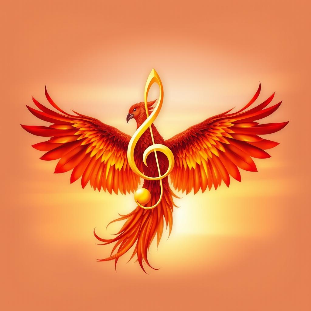 An elegant musical symbol entwined with a majestic phoenix