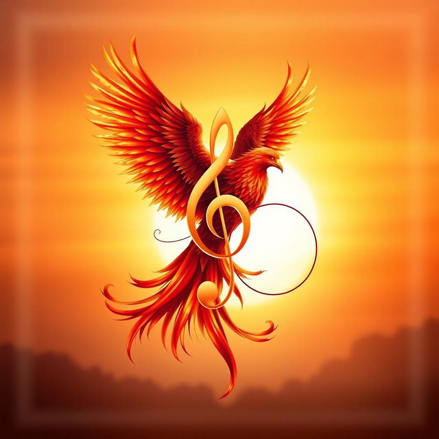 An elegant musical symbol entwined with a majestic phoenix